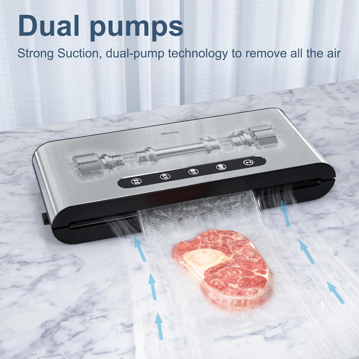 Food Vacuum Sealer Machine Double Pumps Household 430 stainless steel Brushed Metal Panel Dry Moist Vacuum Sealer with Sealer Bags&1 Air Suction Hose