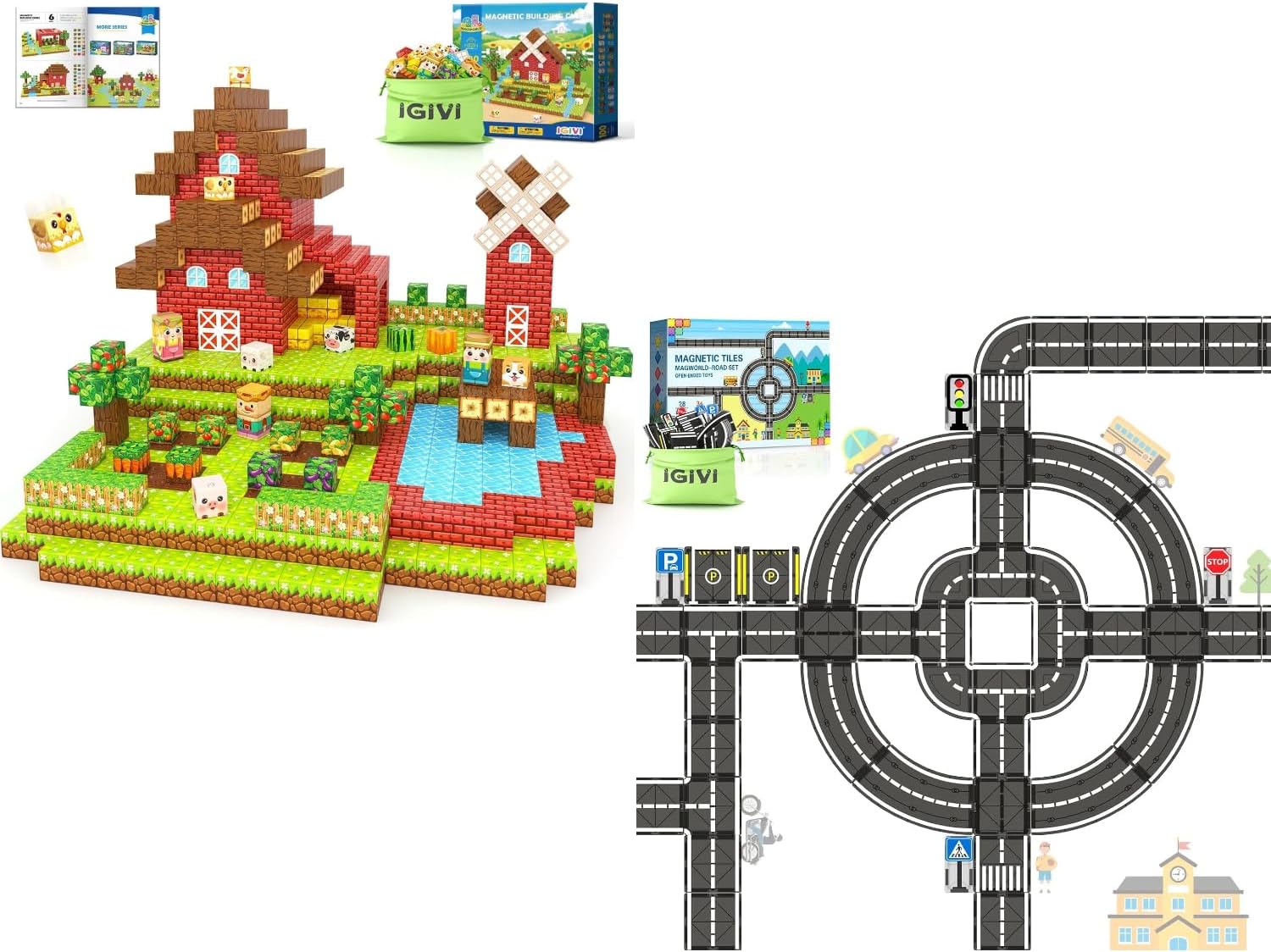 100PCS Magnetic Blocks & 28PCS Magnetic Tiles Road Set
