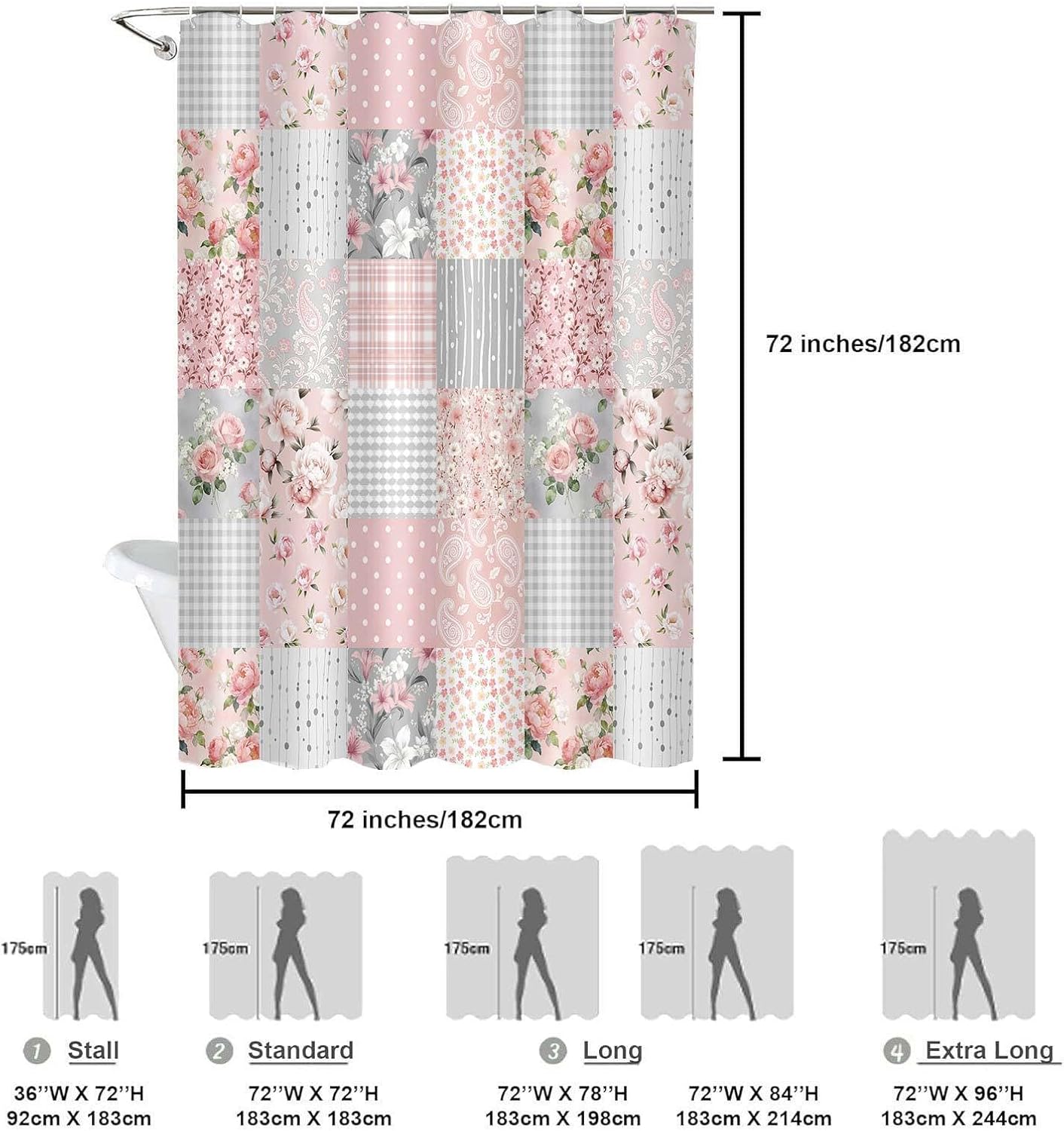 Vintage Floral Checkered Extra Long Shower Curtain with 78 inch Height, Pink Flower Grey Plaid Shower Curtain for Bathroom, Modern Minimalist Waterproof Fabric Shower Curtain Set 72x72 Inch