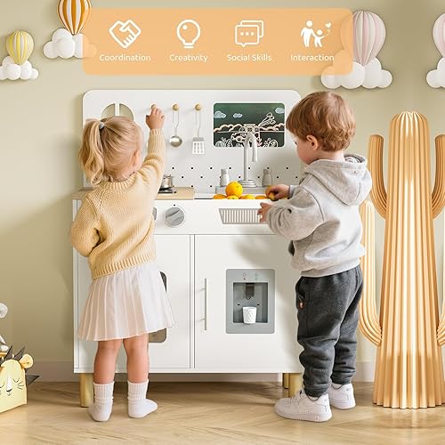 Miniatura 8 de MAMIZO Juego de cocina para niños, juego de simulación con pizarra y luces y sonidos realistas, cocina de madera interactiva definitiva con sonidos