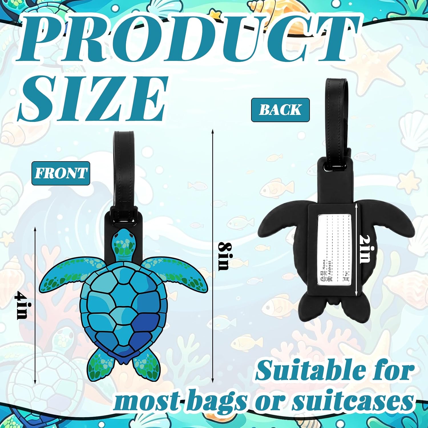 Hsei 6 Pack Sea Turtle Luggage Tag 4.25 x 3.5 Inches PVC Luggage Tag for Suitcase Decor Travel Companion for Sea Turtle Lover
