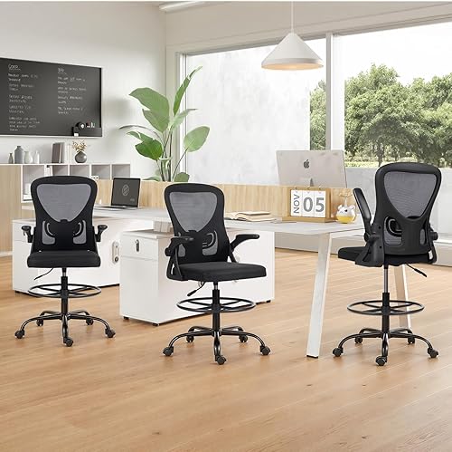 Miniatura 9 de ECOTOUGE Silla de dibujo alta, silla de oficina de malla transpirable con reposabrazos abatibles, silla de escritorio ergonómica de pie