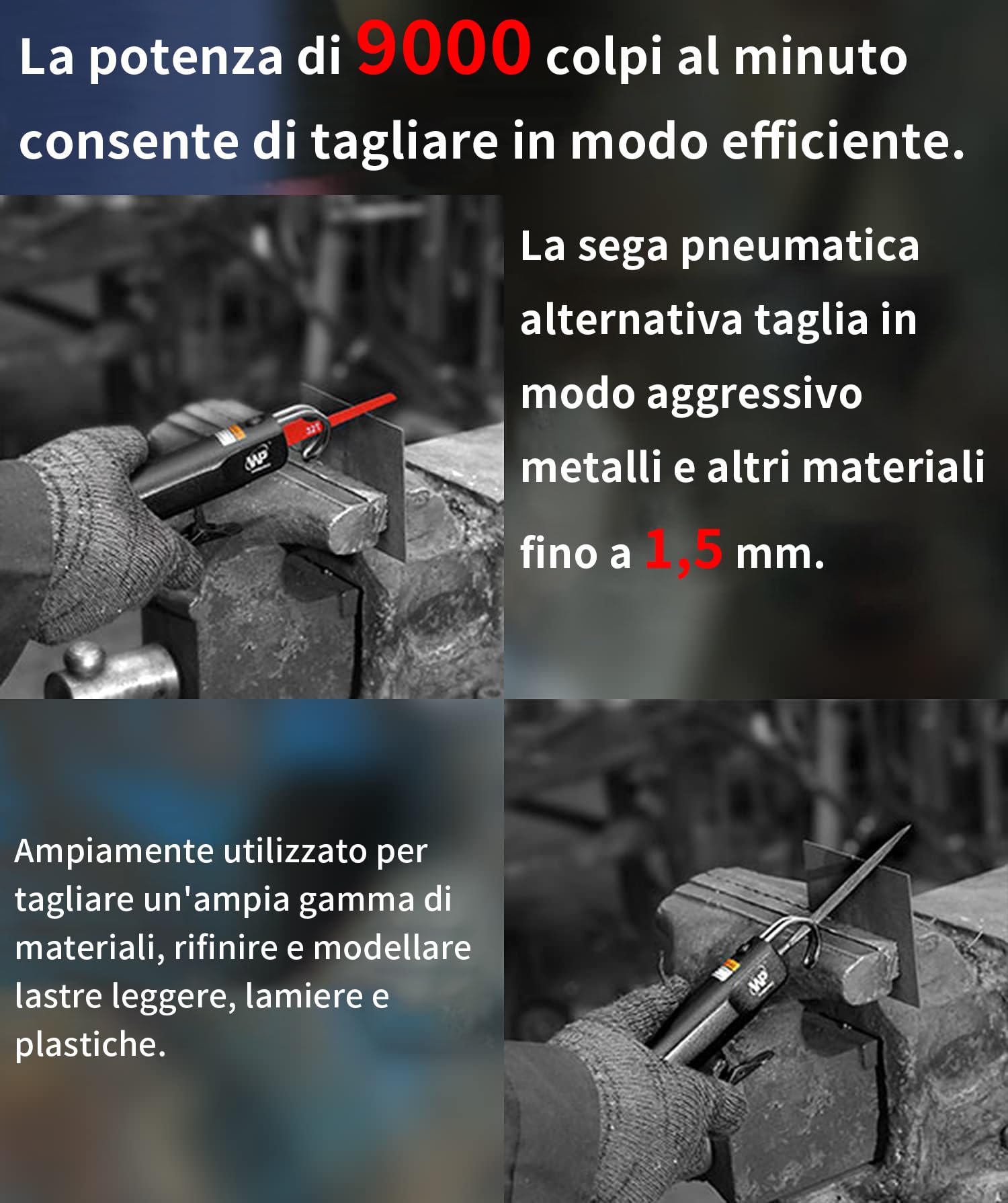 WorkPad Lima pneumatica multiuso，utensile pneumatico per smerigliare in lega di zinco, set di 15 (diversi tipi di lime, 24T e 32T).