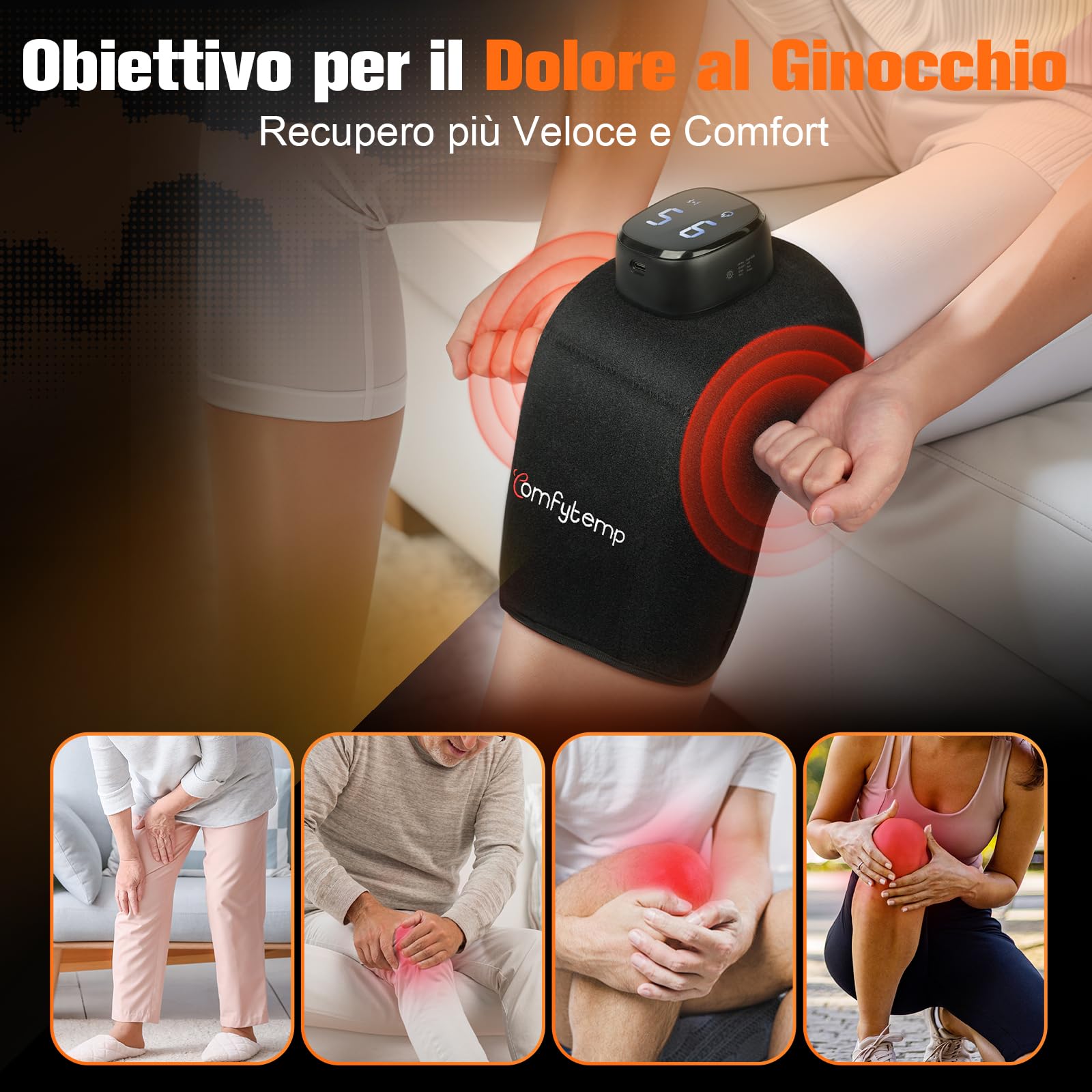 Comfytemp Massaggiatore per Ginocchio Senza Fili con Calore, 9 Livelli di Calore e 5 Vibrazioni, Ginocchiera Riscaldante, Guarnizione Riscaldante 3D Portatile Controllabile via APP