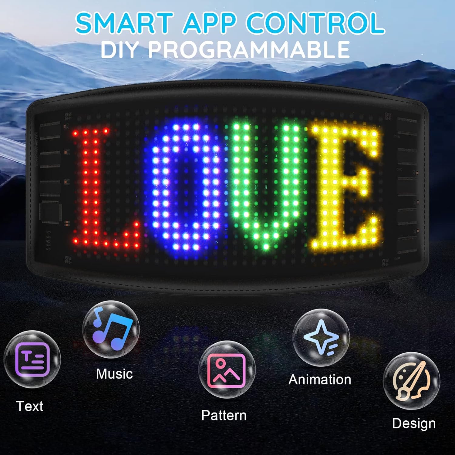KJOY Mini LED Sign displaying 'LOVE' with icons representing app control features like Text, Music, Pattern, Animation, and Design.