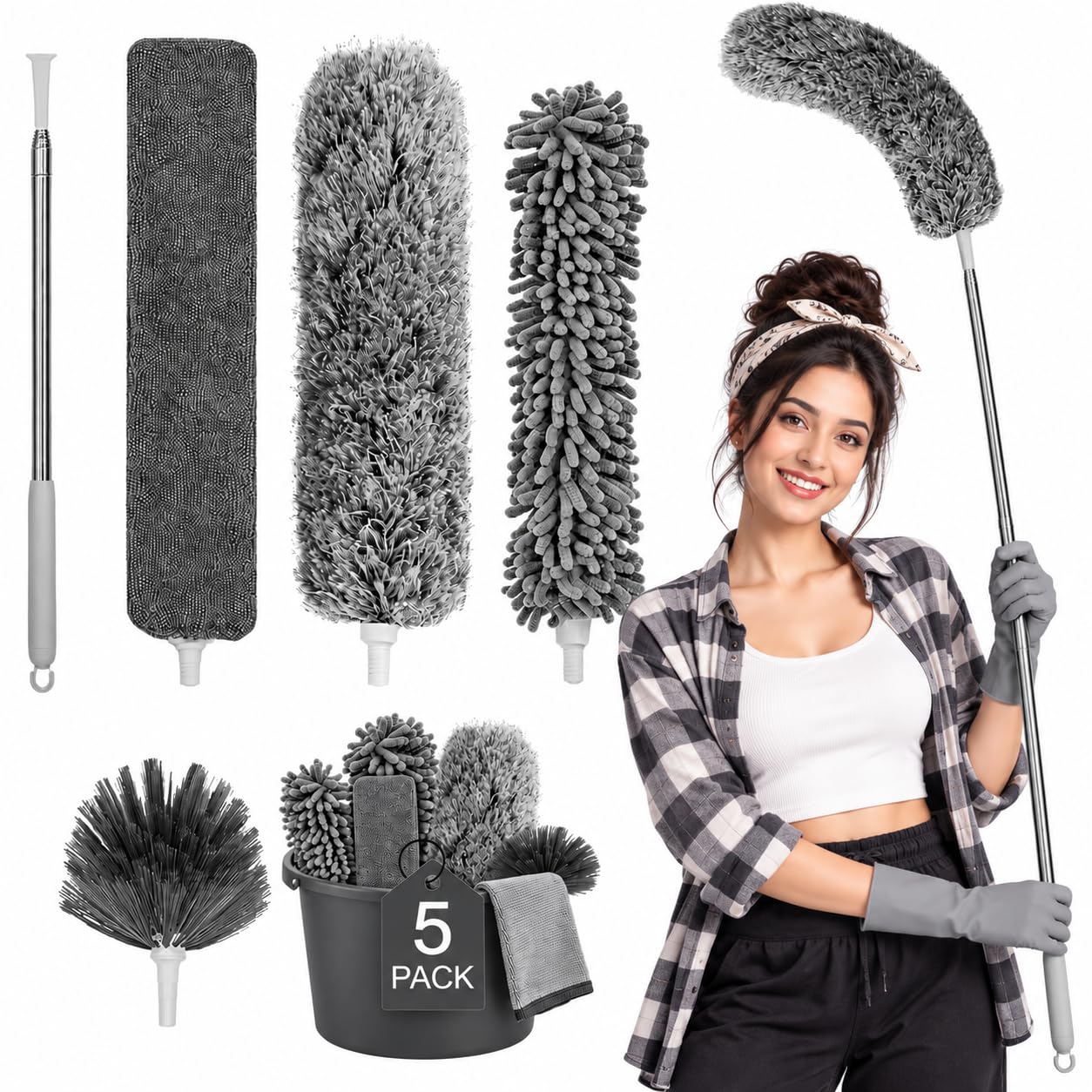 5 in 1 microfiber feather duster 5 pcs bendable & extendable fan cleaning brush with 100 inches expandable pole handle washable mop for high ceiling fans(grey)