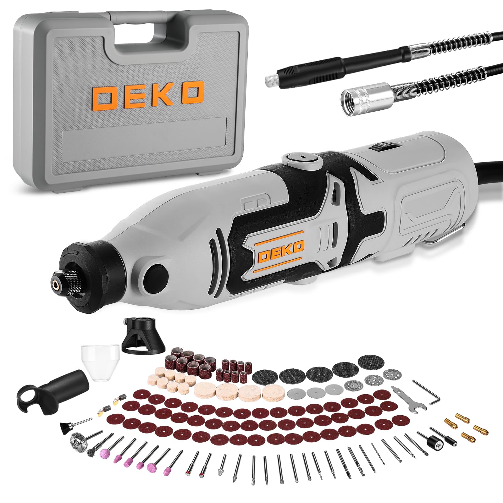 Mini amoladora rotativa multiusos: DEKOPRO 170 W, kit de accesorios 127, velocidad variable 8000-35000 rpm - Herramienta multiusos para cortar, taladrar, pulir, limpiar, Gris