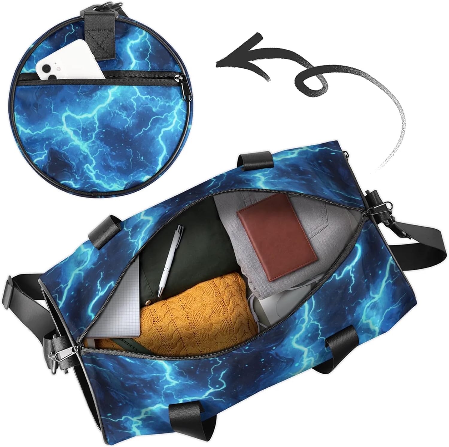 Boys Overnight Bag for Kids Duffel Overnight Weekender Travel Bags Blue Lightning Waterproof Round Cylinder Packable Carry-On Luggage Bag for Travel Dance Camping - Image 4