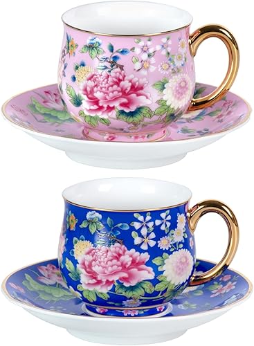 Miniatura 19 de KAMMAK Juego de 2 tazas de té y platillos, taza de café de porcelana con platillo para expreso, capuchino, 7.5 onzas, taza de cerámica floral
