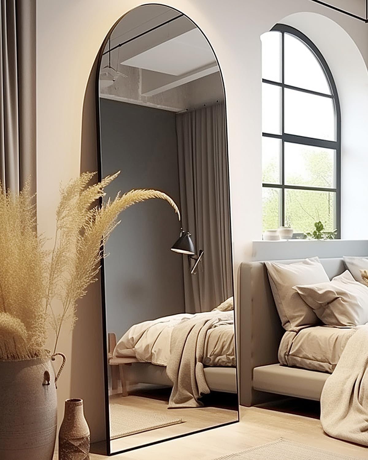 Arched Mirror - Full Length, Standing or Wall Mounted, 58"18", Aluminum Frame - Black Black 58"L x 18"W