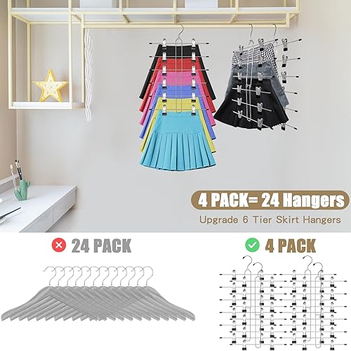 Miniatura 3 de Perchas para faldas de 6 niveles que ahorran espacio, paquete de 4 perchas para pantalones y faldas con clips para armario de mujer, organizador de