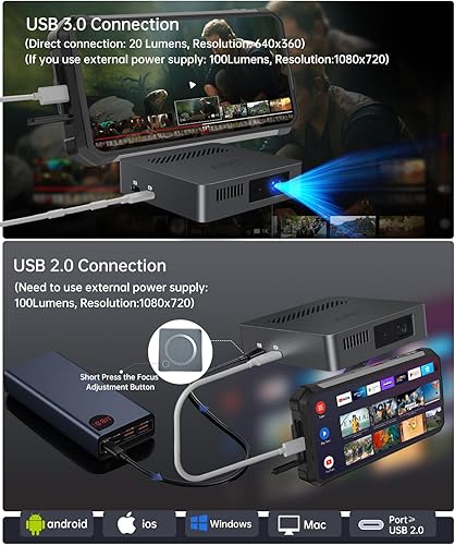 Miniatura 5 de MARS - Mini proyector, proyector DLP portátil de película pequeña Full HD 720P, proyector de película ligero compatible con teléfono