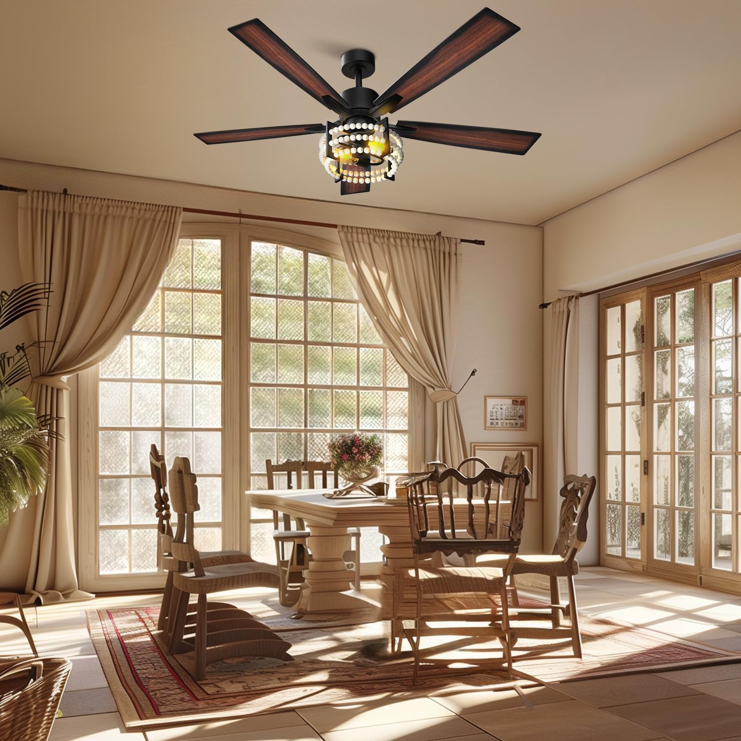Consciot Ceiling Fan With Lights 52 Inch, Vintage Ceiling Fan With Remote, Boho Wooden Pearls Decor, Quiet Reversible DC Motor, Farmhouse Ceiling Fans With Lights Dimmable, 5 Double Finish Wood Blades