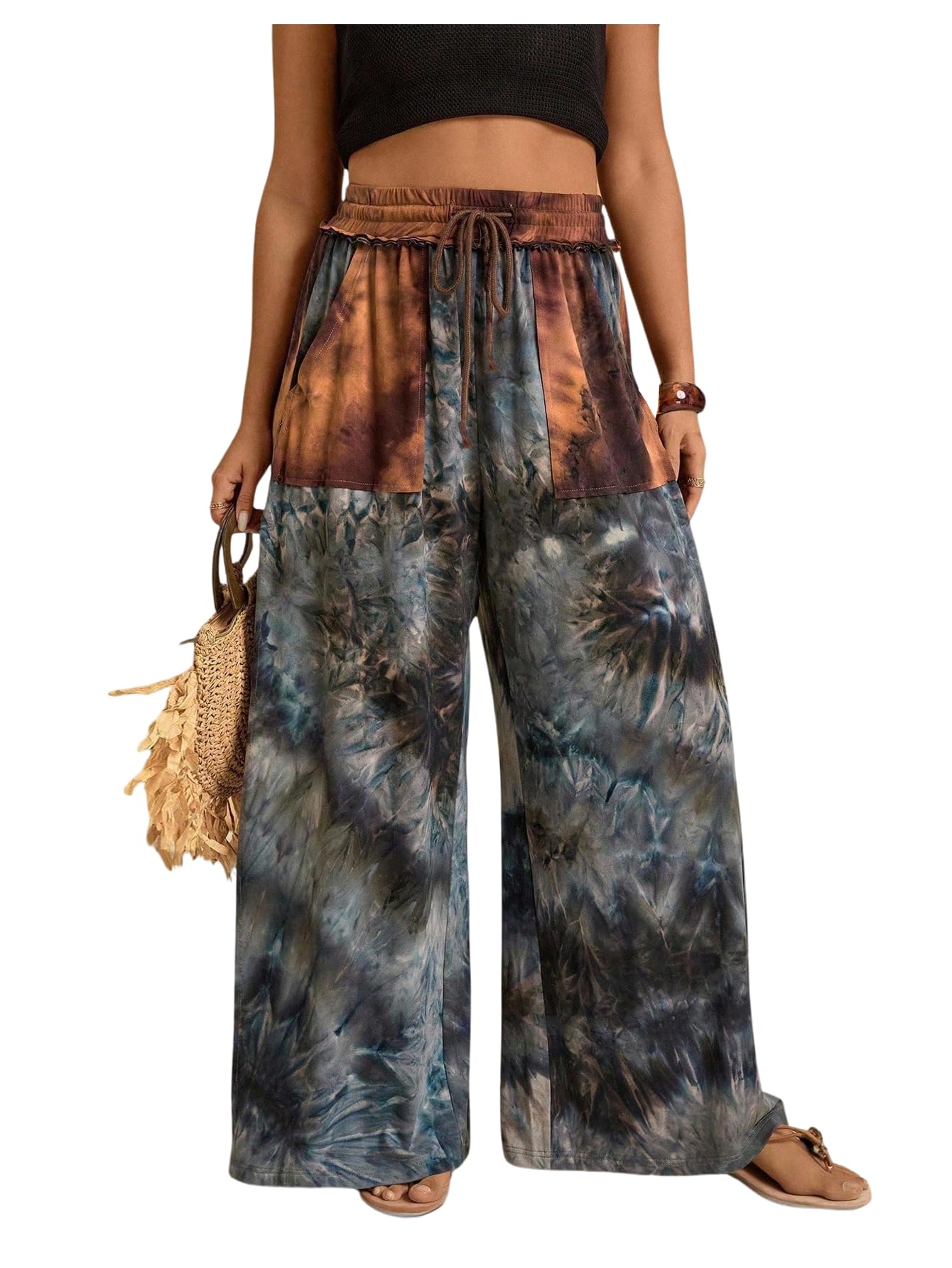 SOLY HUX Womens Plus Size Tie Dye Wide Leg Pants Drawstring High Waisted Baggy Long Pants Trousers with