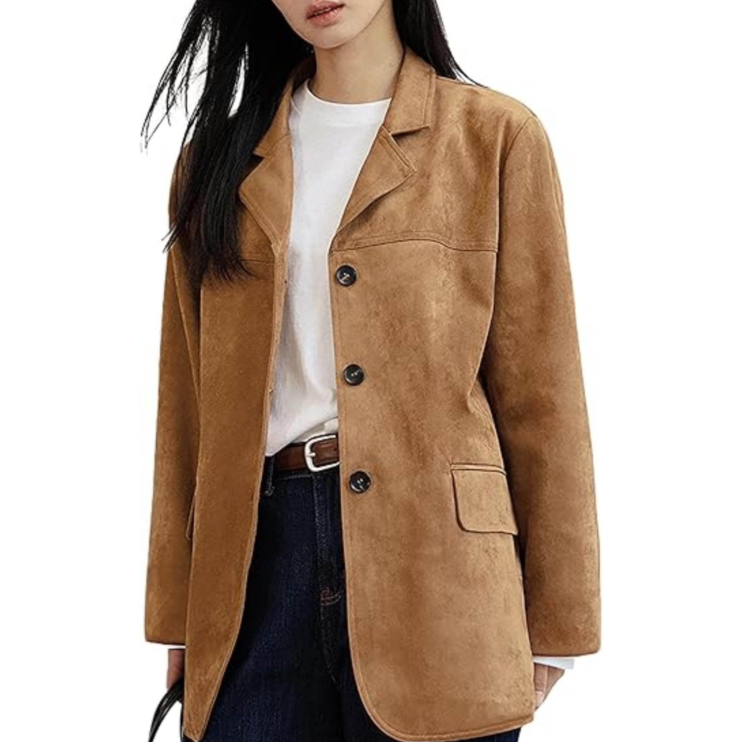Pfhhudcv Women's Camel Fall Fashion Suede Jacket,Brown Faux Leather Jacket Outerwear,Old Money Aesthetic Winter Oversized Blazers