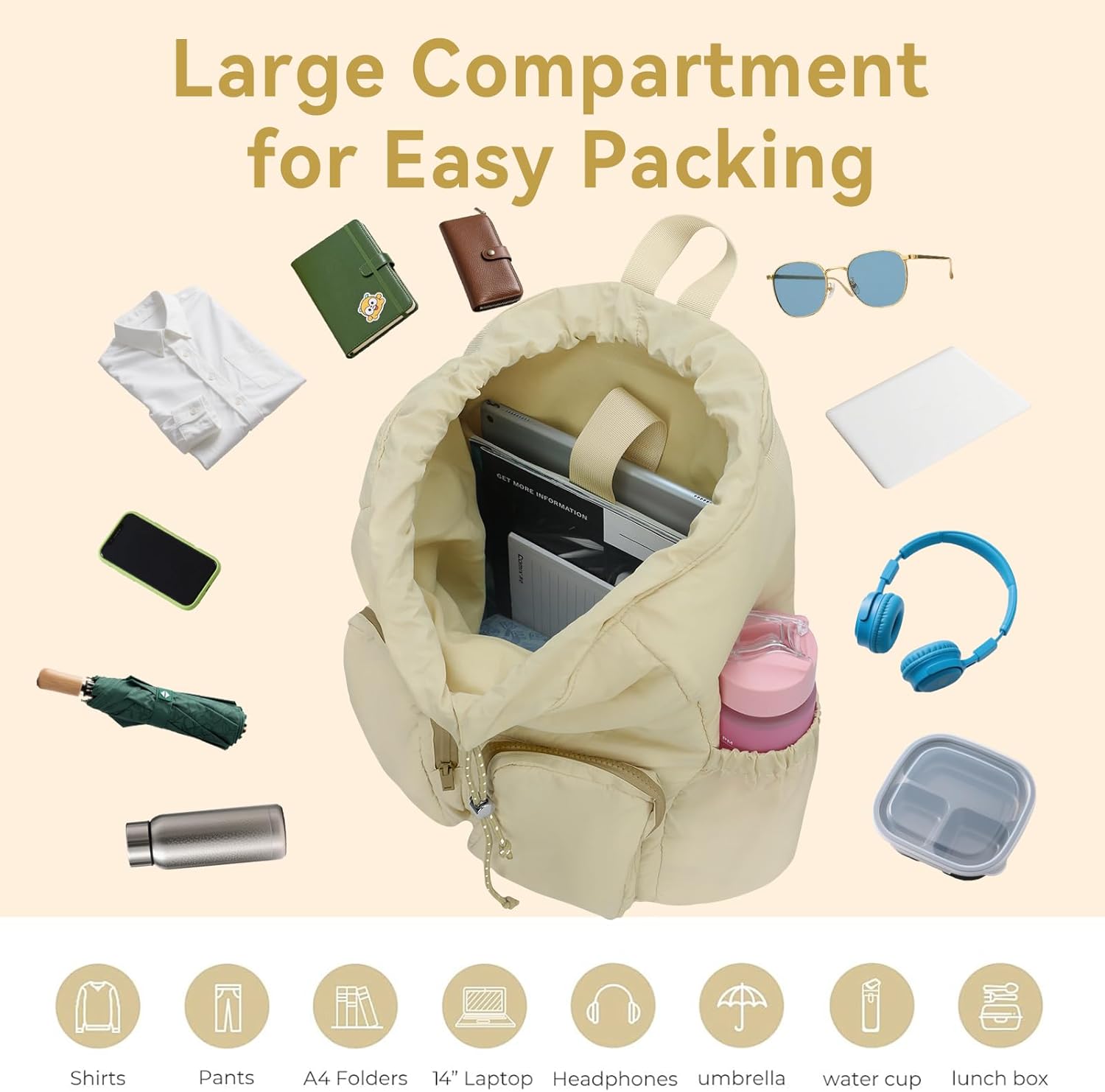 MICOM Travel Backpack for Women Puffer College Laptop Bookbag Drawstring Casual Daypack Lightweight for Women Travel (Khaki) - Image 4