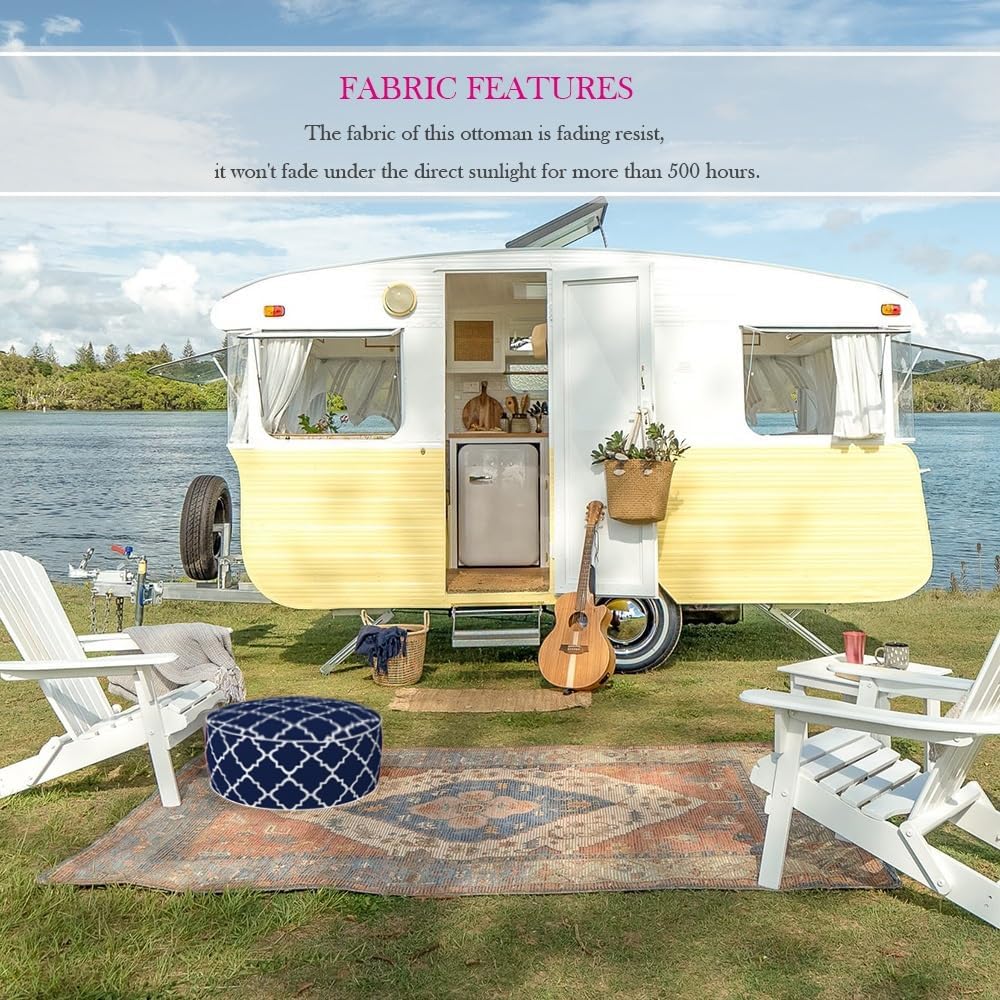 Fabritones Outdoor Inflatable Ottomans with Insert Round 21x9 Inch Navy Geometric Pattern Patio Foot Stools and Ottomans Portable Footrest