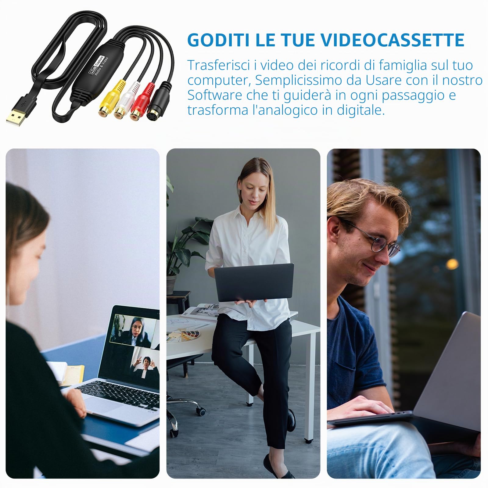 Convertitore da VHS a digitale, scheda di acquisizione video USB 2.0 dispositivo di acquisizione audio e video vecchio VHS Mini DV Hi8 DVD VCR a convertitore digitale Compatible with Windows & MAC