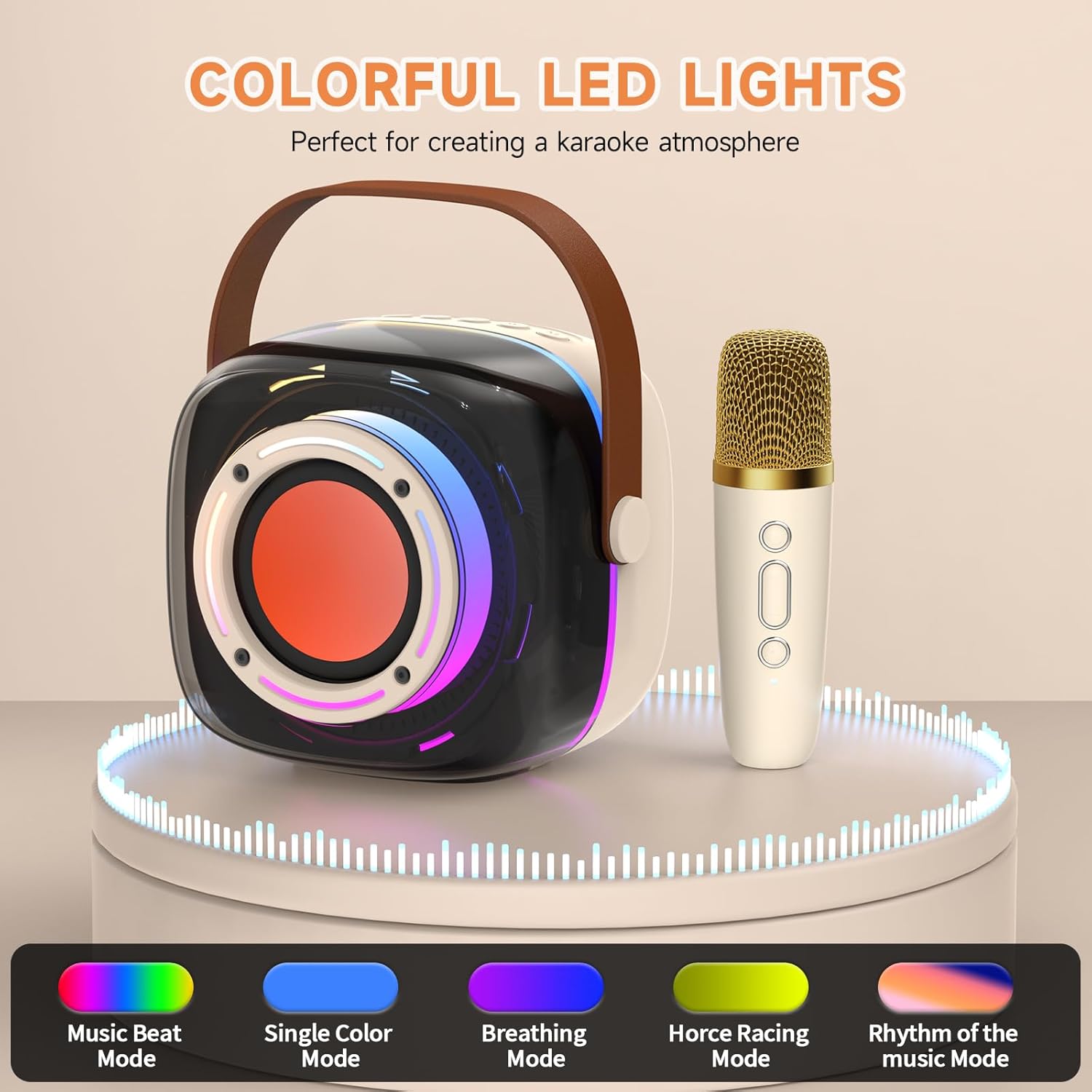Karaoke Machine with 1 Wireless Mircophone for Adults Kids, Portable Bluetooth Karaoke Speaker with 3.5" Full-Range Speaker and Colorful LED Lights, Support USB/TF Card/AUX (1Mics) - Image 7