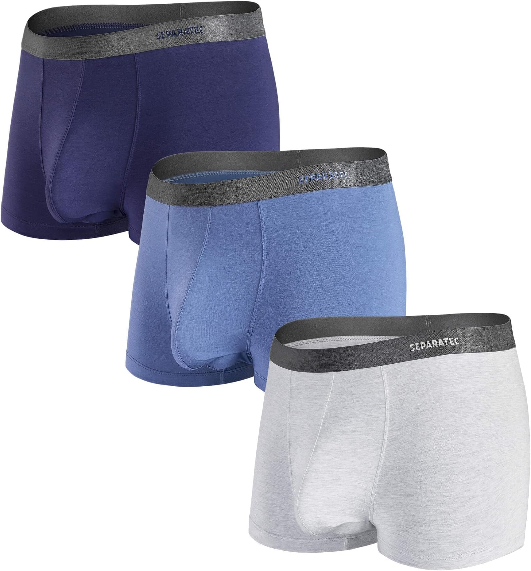 Separatec 3 Pack Men's Underwear Basic Bamboo Rayon Soft and Breathable Separated Pouch Trunks, Navy Blue/Moonlight Blue/Heather Gray, S