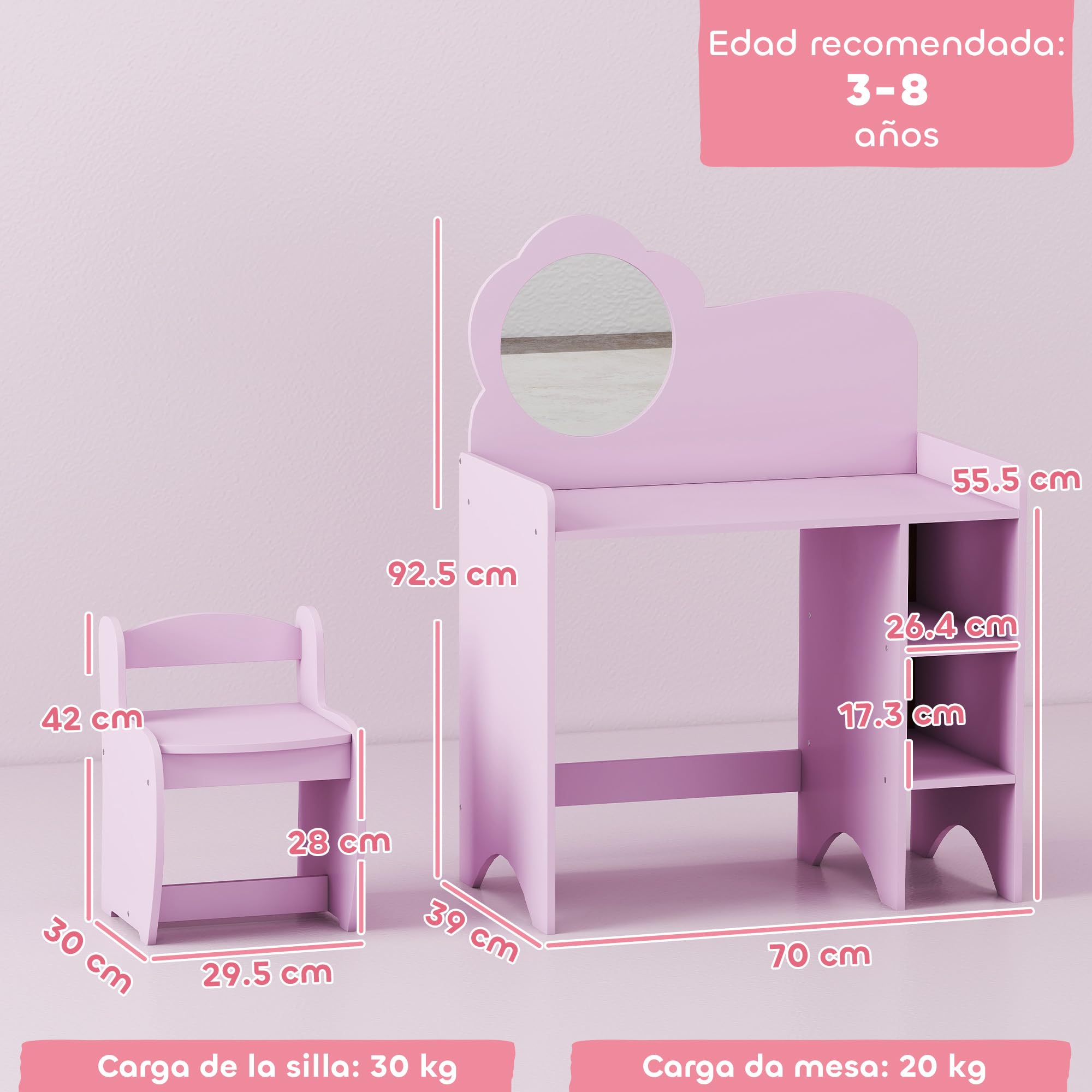 AIYAPLAY Tocador de Maquillaje Niña, 2 en 1, Escritorio, Tocador Infantil con Taburete, Espejo en Forma de Flor, Estantes Abiertos, para Niños +3 Años, Morado