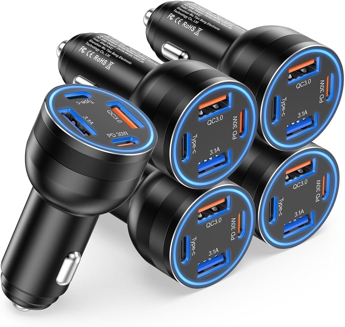 65W USB C Car Charger, 5 Pack 4-Port PD Super Fast Charging Type C Car Charger for Multiple Devices, Cigarette Lighter Adapter, USBC Phone Adapter for iPhone 17/16/15 Pro Max,Samsung S25,iPad,Pixel