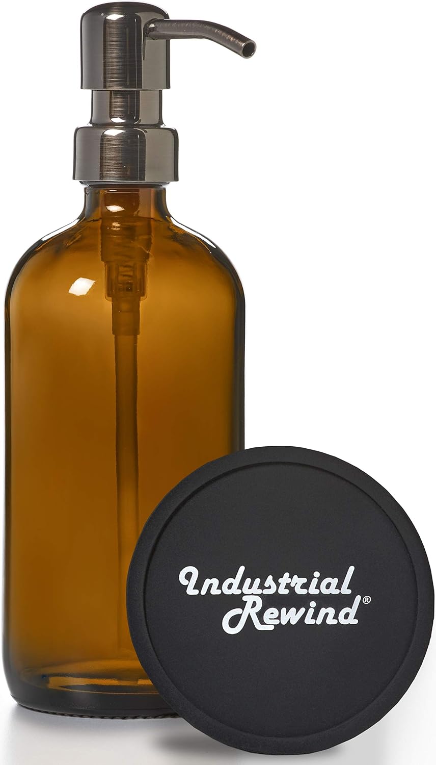 Amber Glass Pint Jar Soap Dispenser and Non Slip Coaster/Countertop Protector Gun Metal Bronze Pump - Amber Brown 16oz Jar Lotion Bottle by Industrial Rewind