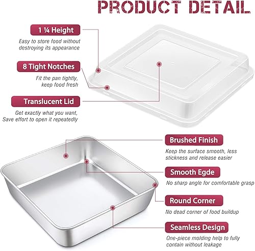 Miniatura 10 de P&P CHEF Molde cuadrado de 8 pulgadas para hornear pasteles con tapa, bandeja de brownie de lasaña de acero inoxidable y cubierta de plástico para