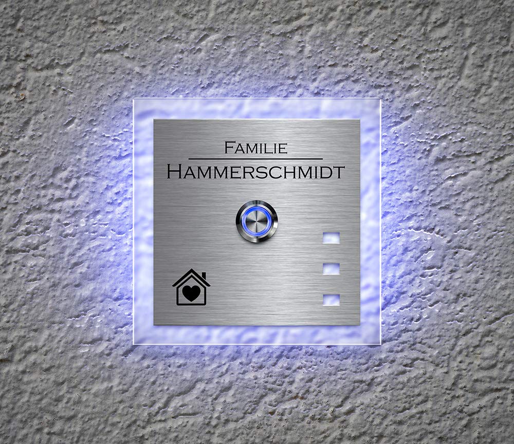 Beleuchtete Edelstahl Türklingeln mit Gravur und über 100 Motive | Gravierte Klingelplatte mit Led-Beleuchtung Größe: 12x12 cm Klingel-Taster Klingelschild Namen Modell: Hammerschmidt-L