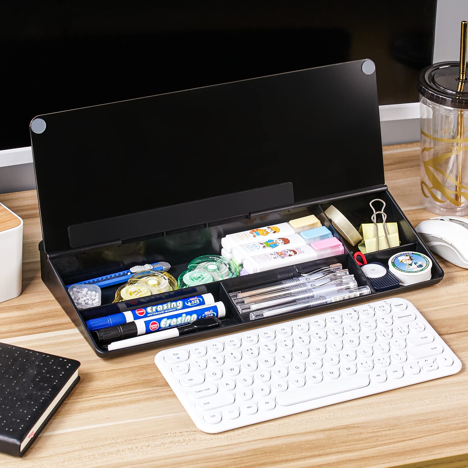 DEWUR Lavagna in Vetro Nero, Lavagna Bianca da Scrivania Con Supporto per Telefono, Tablet e Tastiera - Organizer da Scrivania Con Accessori per Ufficio e Casa