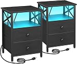 AMHANCIBLE LED Stands de nuit Ensemble de 2, Tables de chevet avec station de recharge, Table de chene avec USB C Port et Outlet, Table de chevet avec 2 Tiroirs de tissu pour chambre, salon, brun rustique HET052LBR | Grandes tables de chevet avec USB Ports et AC Des sorties,