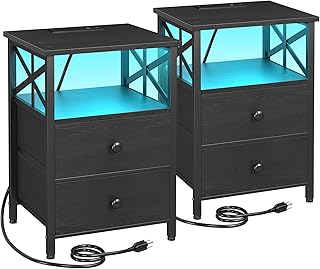 AMHANCIBLE Night Stand Set 2, LED Nightstand with Charging Station, End Tables Living Room with Fabric Drawers, Bedside Table for Bedroom, Black, HET052LBK