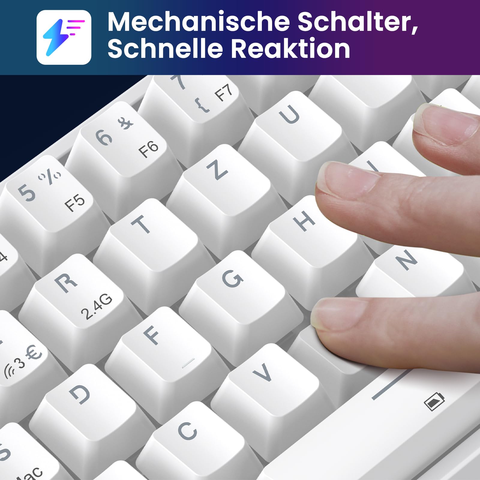 TECURS Klawiatura mechaniczna gamingowa bezprzewodowa klawiatura RGB QWERTZ Bluetooth / 2,4 G/podświetlana kablem 65% TKL czerwony przełącznik do iPhone'a/Android/PC/Mac / PS4, biała