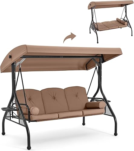 GYUTEI Silla columpio de 3 asientos para patio al aire libre, silla columpio de porche con respaldo y toldo ajustables, silla columpio para porche