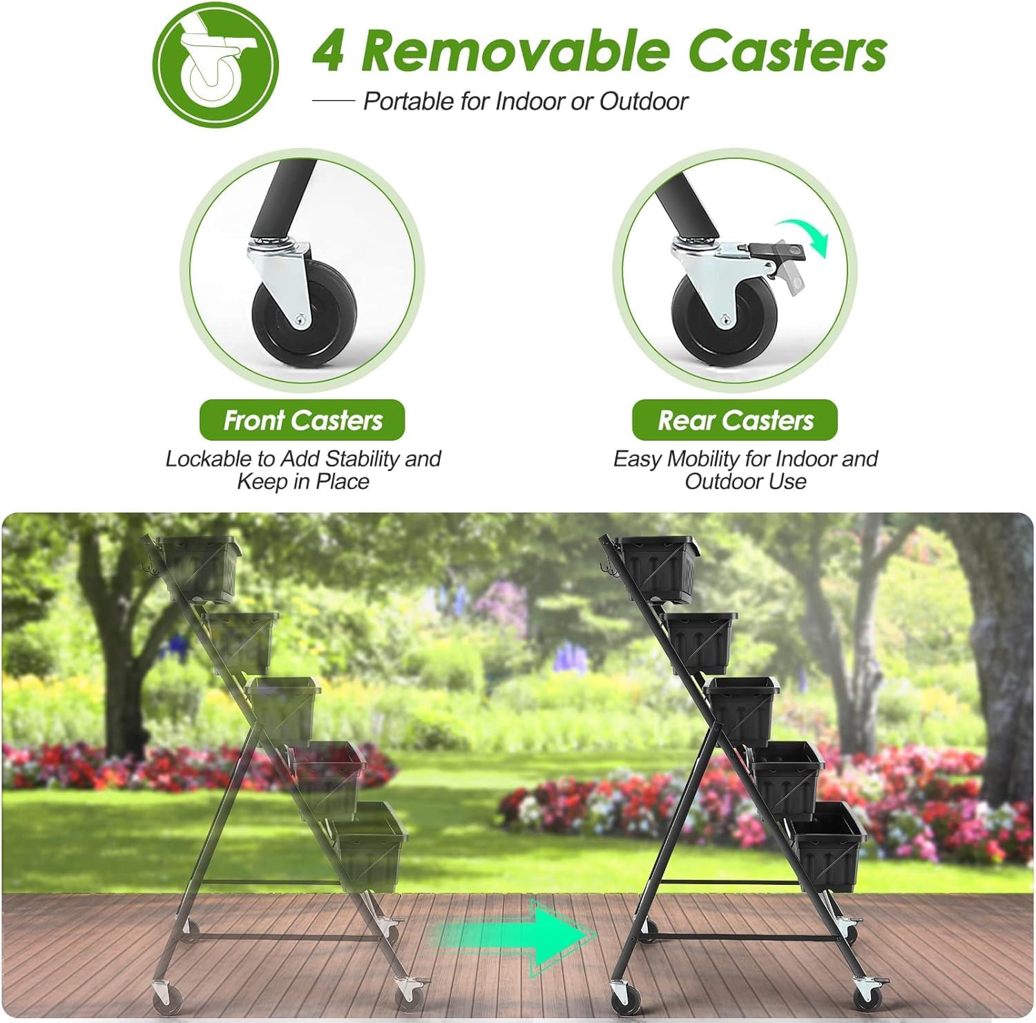 Suyncll 2 Pack Vertical Raised Garden Bed, 5 Tiers Elevated Planter Box with Drainage System and 4 Hooks, 4FT Vertical Planter for Herbs Vegetables Flowers (Black with 4 Wheels)