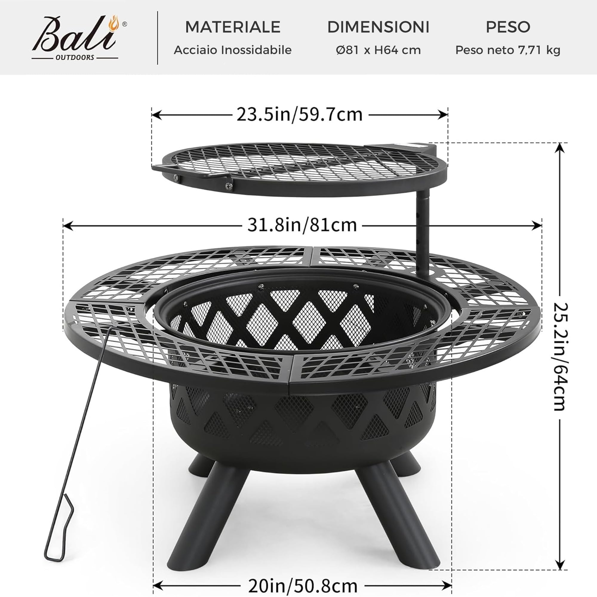 BALI OUTDOORS Braciere con attizzatoio, 81,3 cm, braciere da esterno, braciere a legna per esterni con griglia