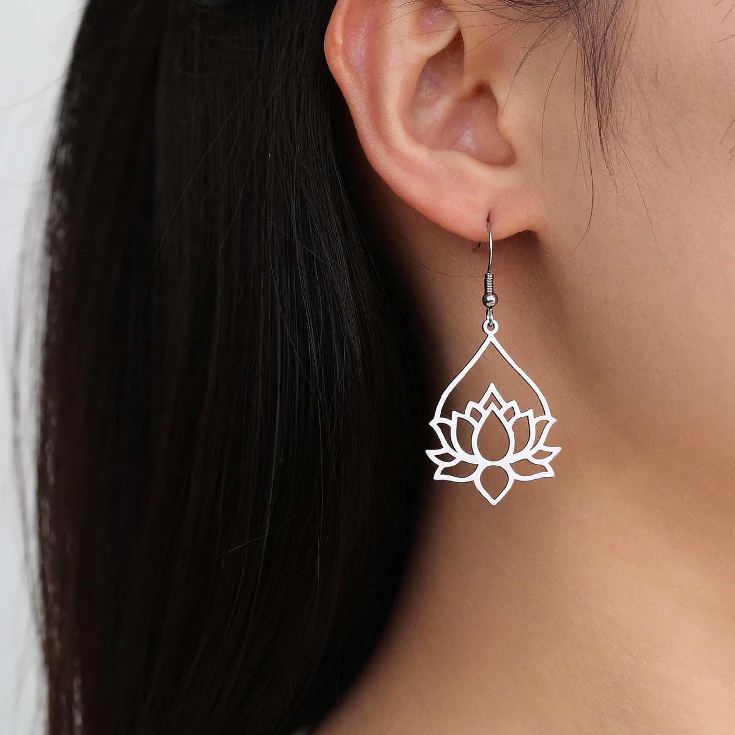 TEAMER Stainless Steel Lotus Flower Dangle Earrings Bohemian Drop Earring Unique Geometric Jewelry for Women - Image 2