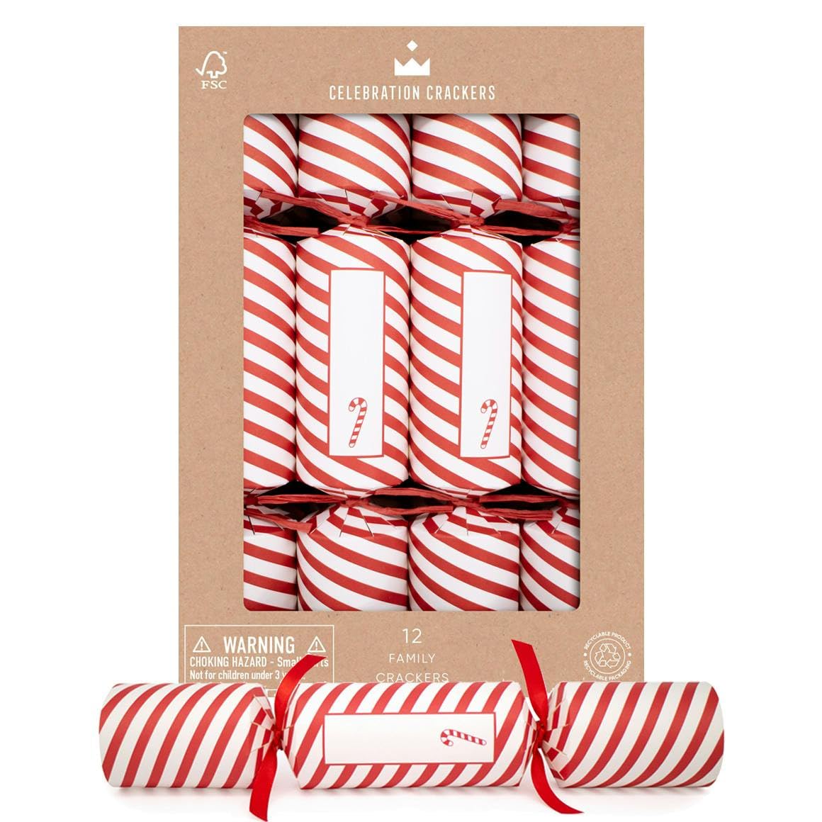 Celebration Crackers Red/White – 12 X 12 Inch Family Kraft Cube Christmas Crackers – And Candy Cane Stripes, Table Place Names, Fsc Certified