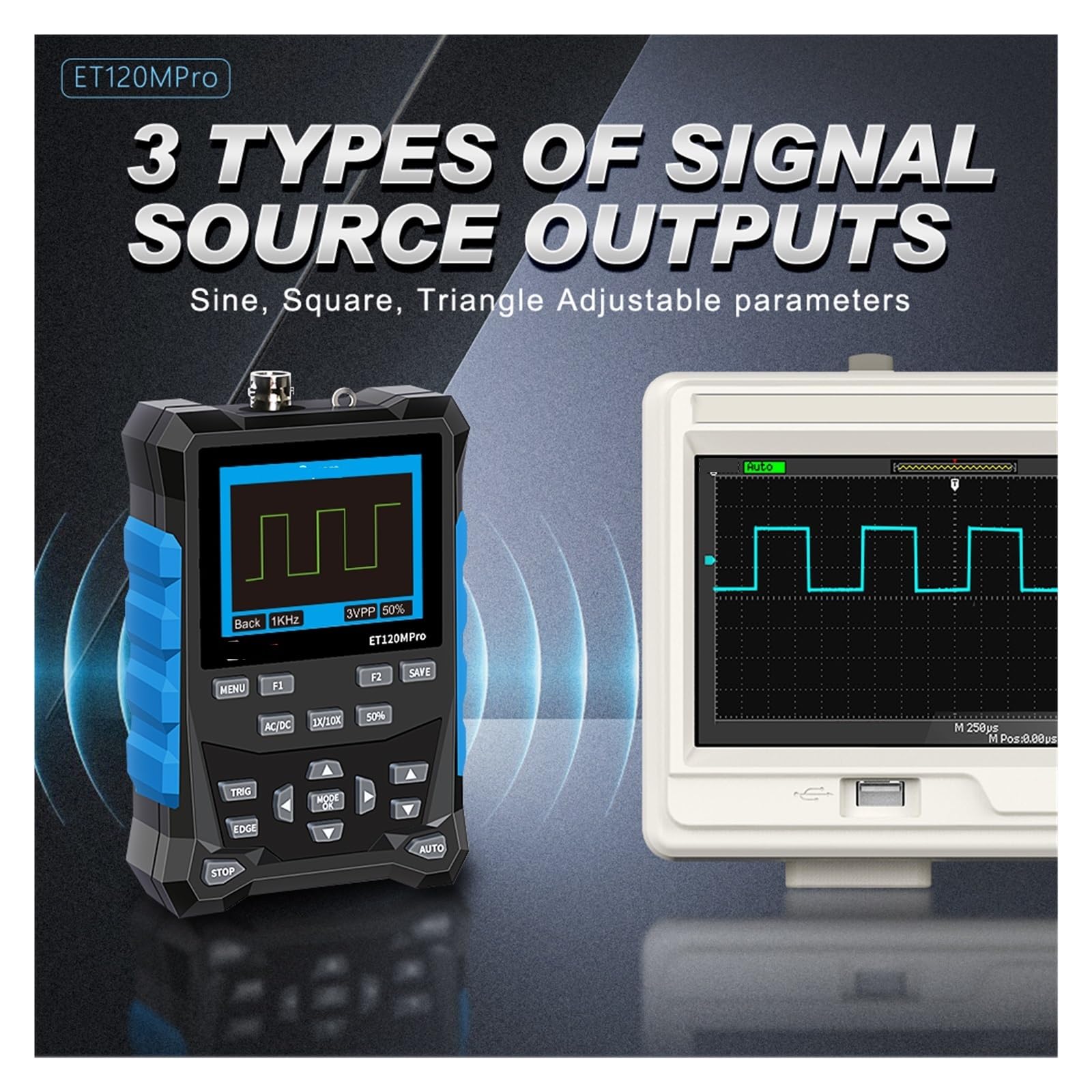 Oscyloskop, Oscyloskop cyfrowy ET120MPro 120 MHz, ręczny generator przebiegów 500 MS/s 2 w 1