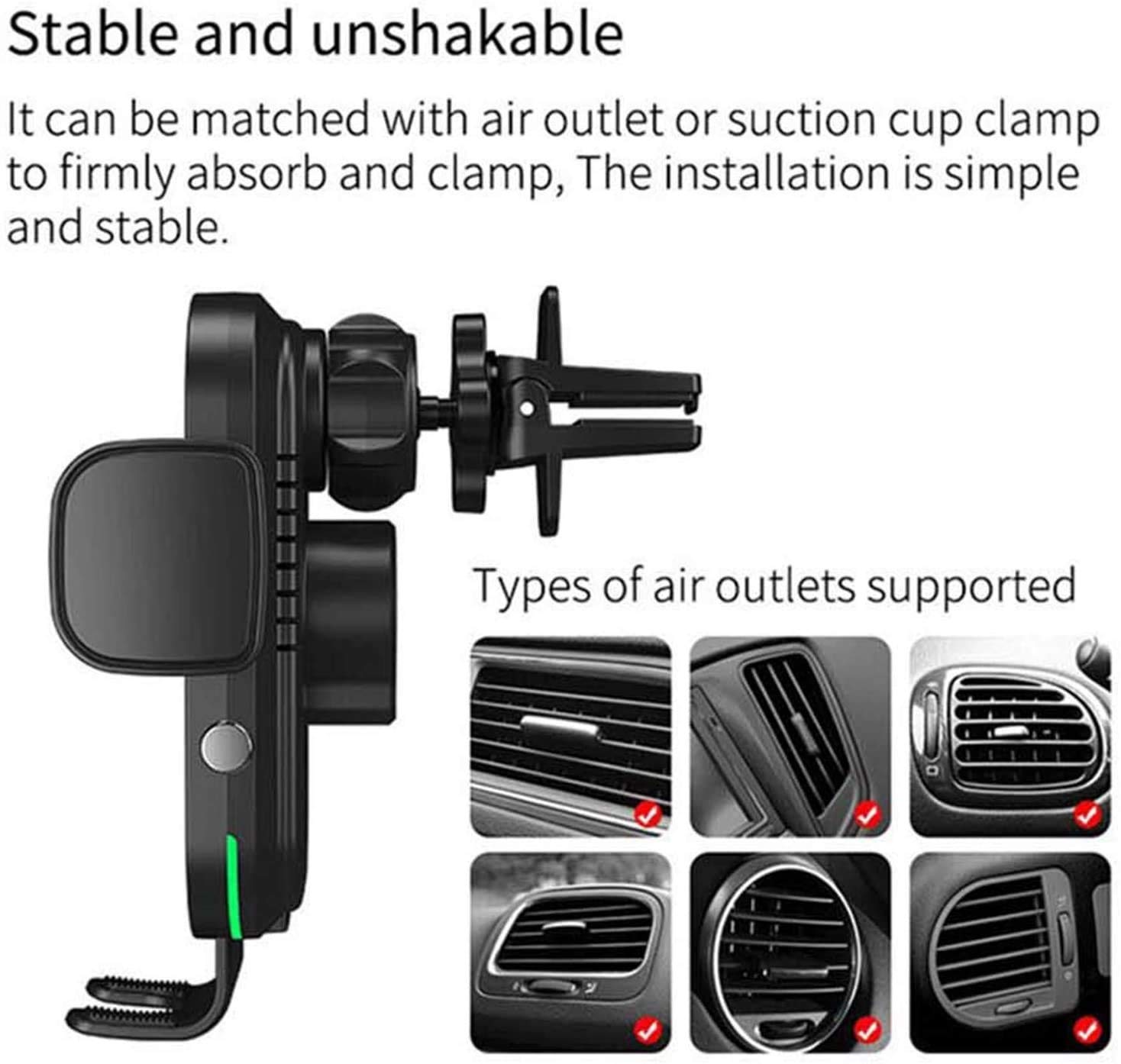 Cargador de automóvil inalámbrico, 15W Qi Carga rápida Automóviles Automóviles Automóviles, Soporte de teléfono de ventilación de avión de Windshield, Soporte de soporte de ventosa Soporte de car