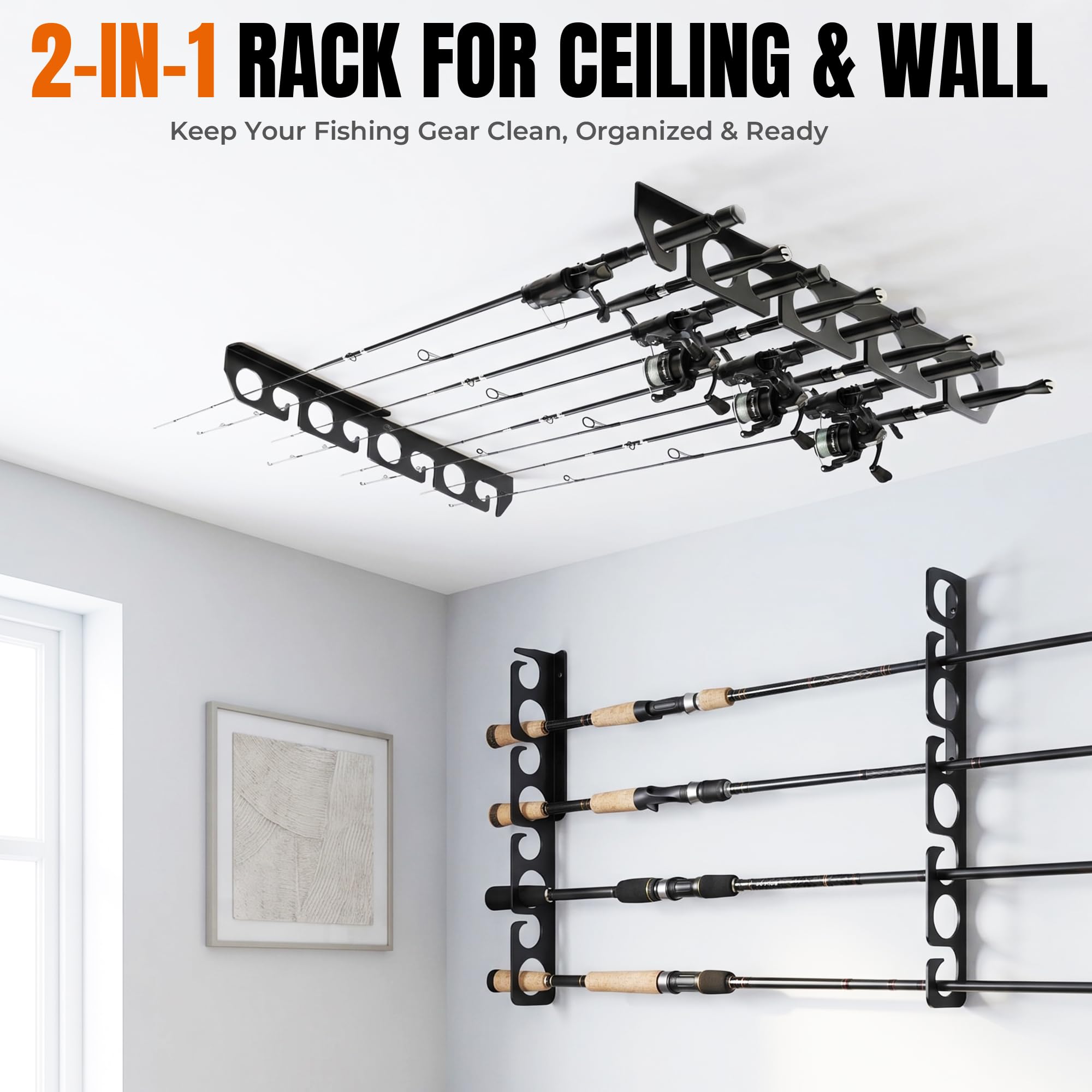 Support de rangement pour canne à pêche - Support mural ou plafond en métal - Peut contenir jusqu'à 16 cannes verticale/horizontale pour garage, cabine et sous-sol