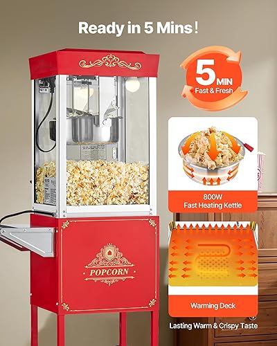 Miniatura 4 de VEVOR Máquina de palomitas de maíz con carro, hervidor de acero inoxidable de 8 onzas, máquina comercial de palomitas de maíz de 800 W, 48 tazas por