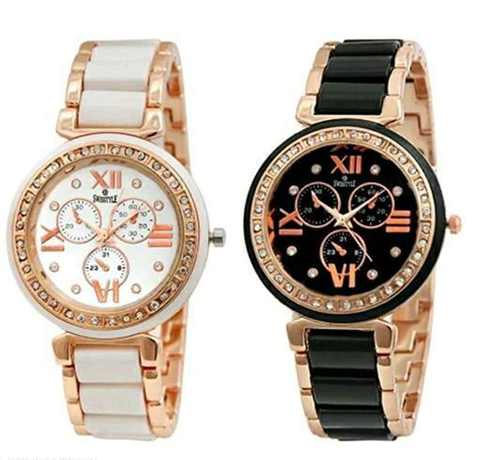 Hibbett Womens Stainless Steel Bezel Claspy Buckle Stainless Steel Case Watch-Pack of 2 (A_E_25042024_Black&White) (B0C9JKT65J) Amazon Price History, Amazon Price Tracker