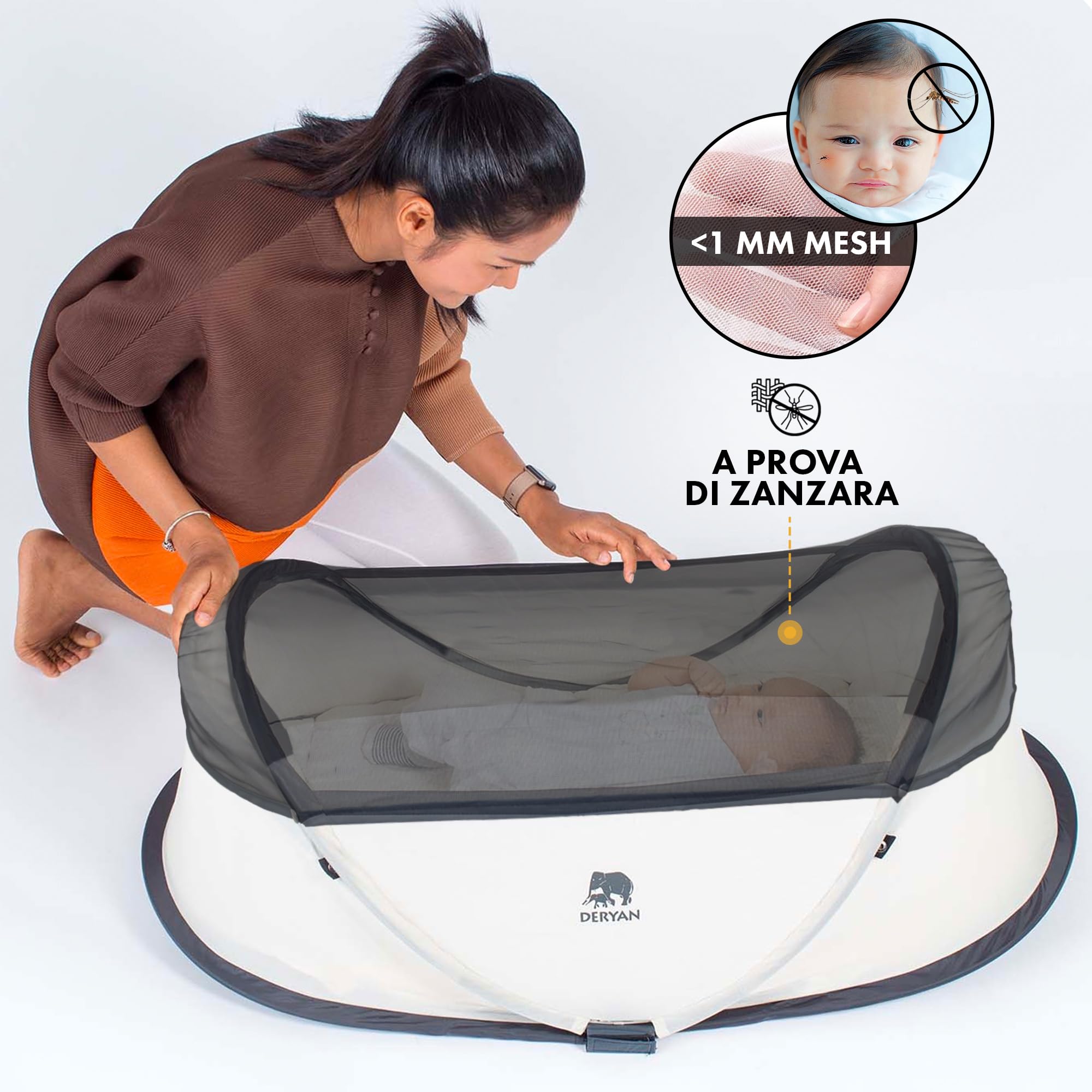 Deryan Lettino per neonati Lettino da viaggio pop-up - dalla nascita a 1,5 anni - Leggero e compatto - Si monta in 2 secondi - con zanzariera e borsa da viaggio - 98x60x32 cm
