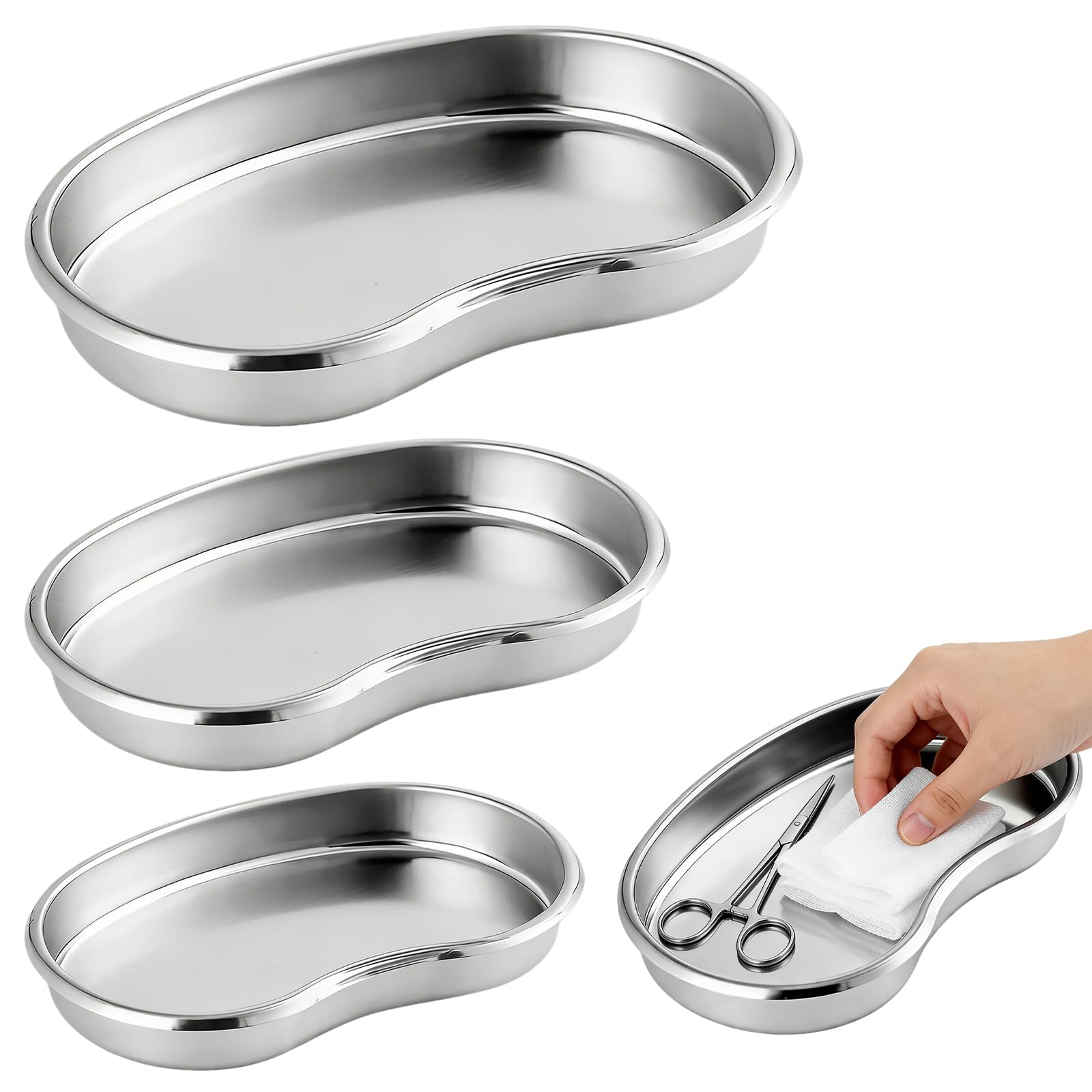 3 vassoi a forma di rene, vassoio in acciaio inox, vassoio per reni in acciaio inox, vassoio da laboratorio riutilizzabile, per strumenti, dentale, tatuaggio, organizzatore da bagno