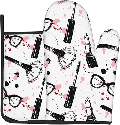 Juego de guantes de horno y soportes para ollas con patrón de cosméticos de maquillaje, guantes de horno resistentes al calor y agarradera, guantes