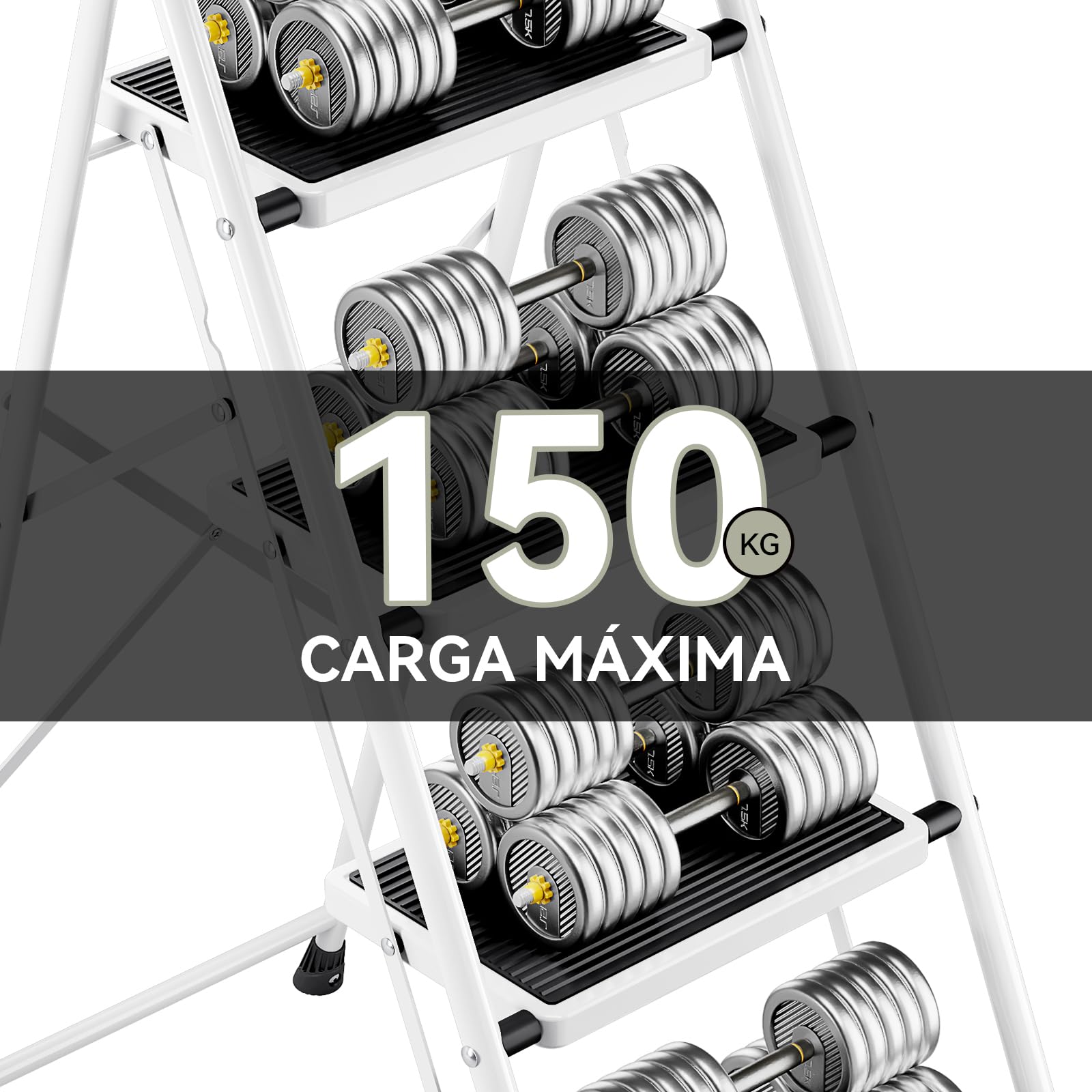 KINGRACK Escalera Plegable 4 Peldaños, Escalera de Tijera con Pedales Antideslizantes Anchos, Barandilla, Escalón Taburete de Acero Portátil Uso Hogar Cocina Oficina, Carga hasta 150 kg, Blanco