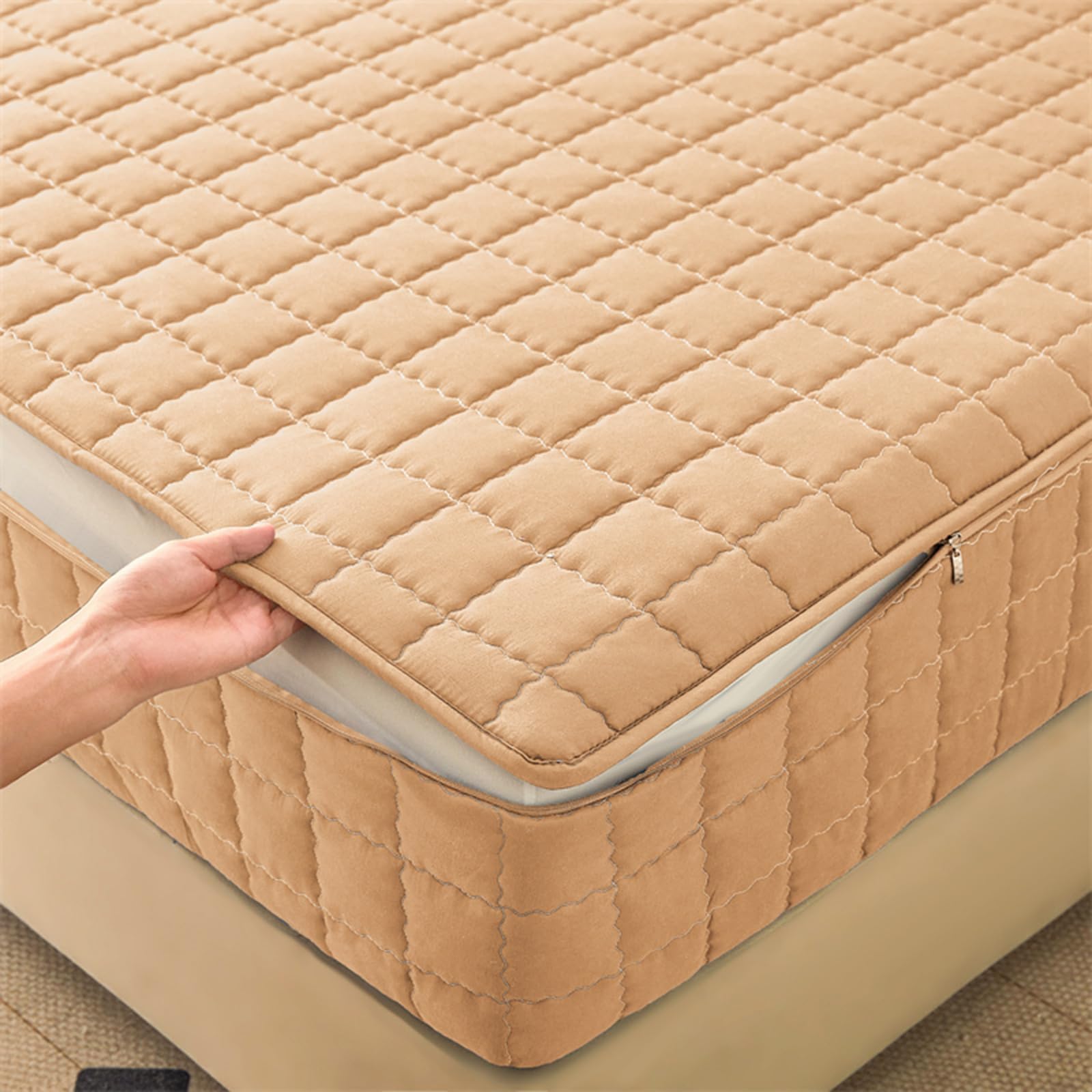 Full Cover Quilted Mattress Protector Zipped Mattress Topper Single/Double/King 135x190/200 Fitted Sheet Noiseless Breathable 6 Sided Zipper Closure Full Encasement Covers Washable(200X220+5cm,B)