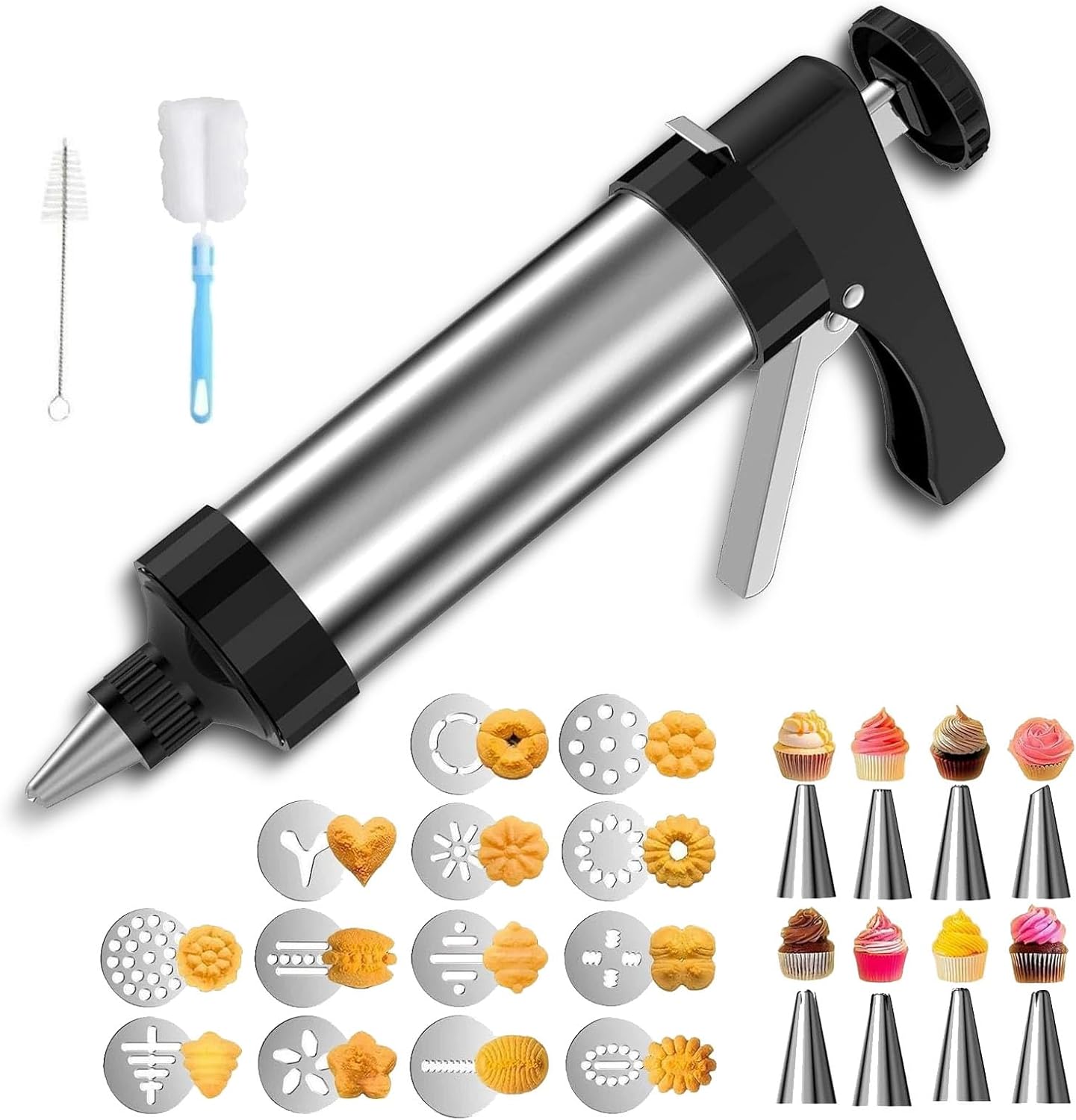 Stainless Steel Cookie Press, DIY Cookie Press with Cleaning Tools, Cake Piping & Cheese Press Gun Kit for Kitchen (Red)