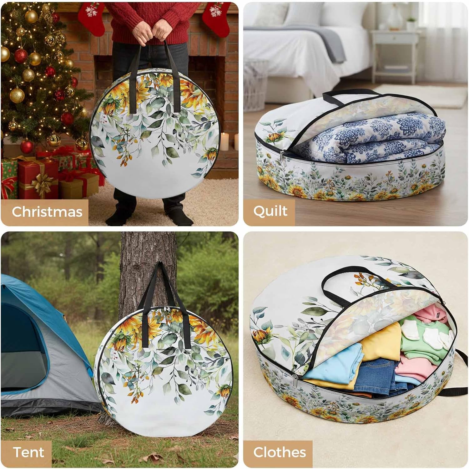Pastoral Floral Plant Round Storage Bag 36 Inch, Sage Sunflower Eucalyptus Leaves White Clothes Storage Container with Handles Heavy Duty Organizer for Comforter, Bedding & Holiday Wreaths